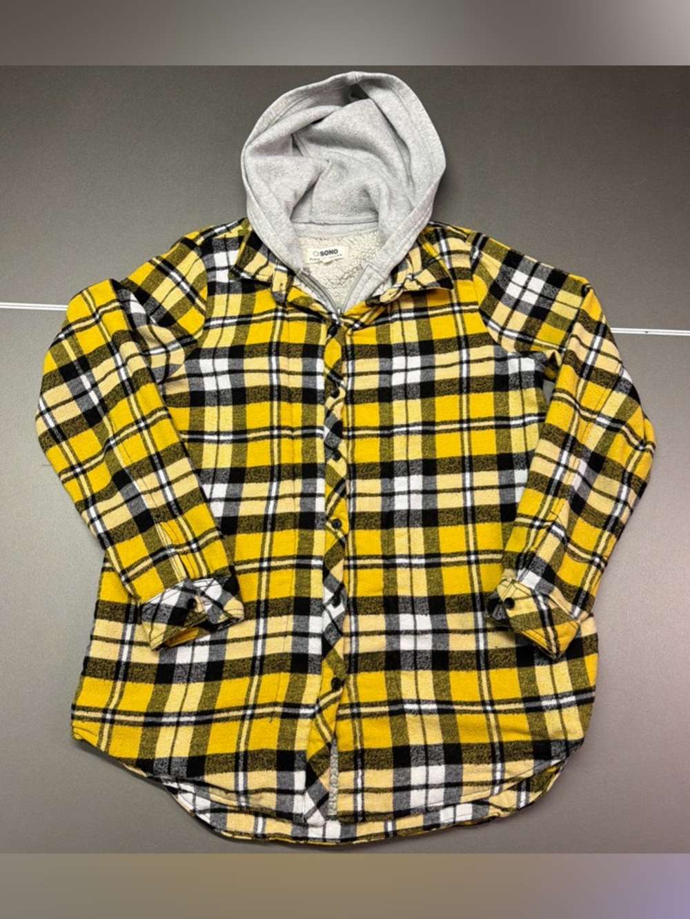 Cisono Women’s Medium Yellow Plaid Flannel Shirt Jacket‎ Hooded Button Up